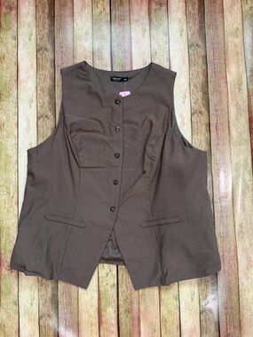 Brown Tailored Vest Sleeveless Button Front Minimalist Office Chic